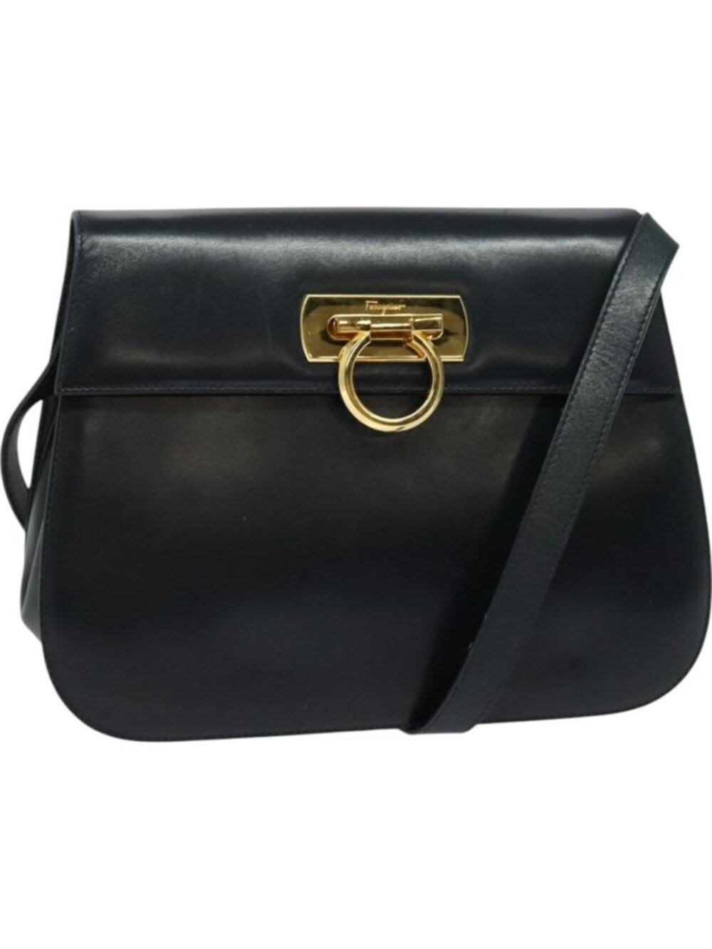 Salvatore Ferragamo Gancini Shoulder Bag Leather Navy Gold